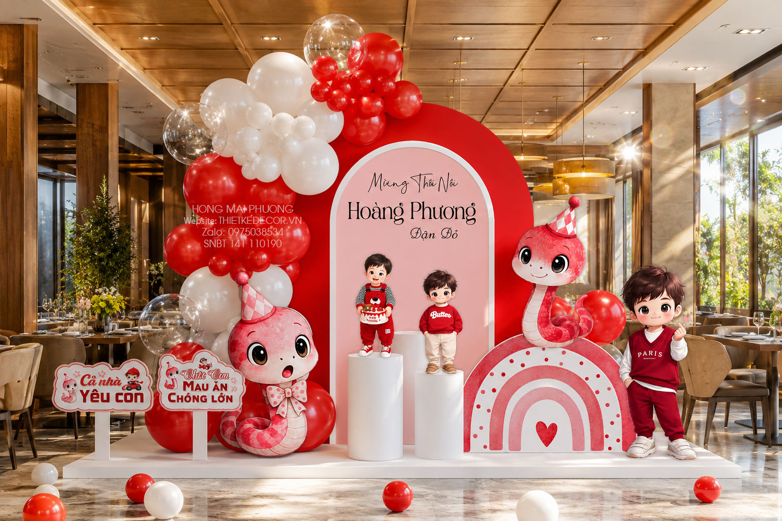 File thiết kế decor trang trí tiệc sinh nhật bé trai tuổi Rắn - Tỵ mix bong bóng cute dễ thương đáng yêu tone đỏ